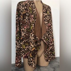 G by Giuliana Brown Animal Print & Floral Open Front Sweater 1X EUC!